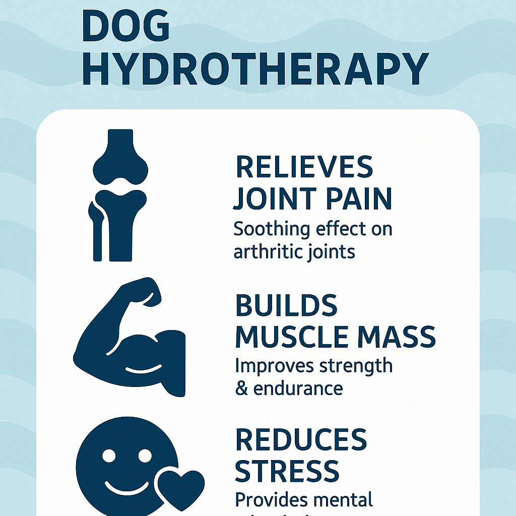 "Infographic showing physical and psychological benefits of dog hydrotherapy, with icons for joints, muscles, and mental health"