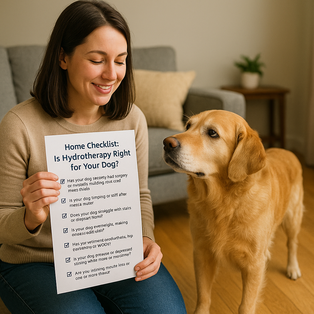 "Dog hydrotherapy home checklist with owner evaluating Golden Retriever showing signs of mobility issues like stiffness and limping"