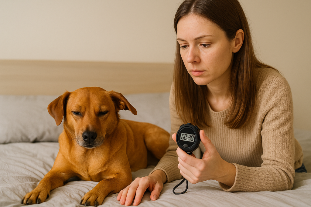 "Dog at rest being monitored for heavy breathing in dogs"