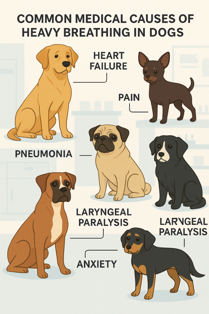 "Common medical causes of heavy breathing in dogs illustrated by breed"