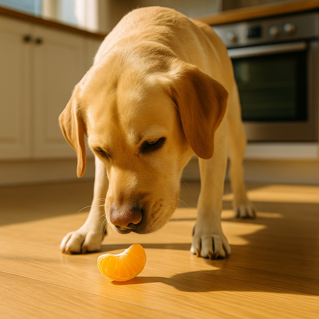 "Labrador exploring orange slice – can dogs eat oranges safely"