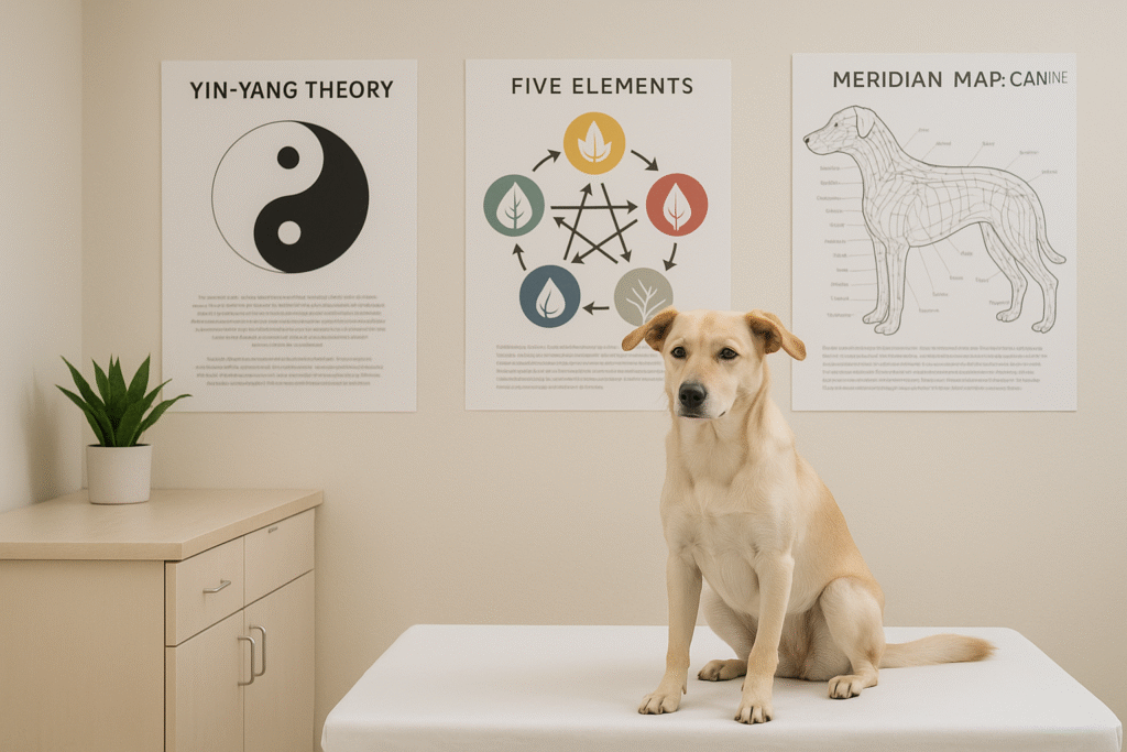 "Dog in a clinic learning about traditional Chinese medicine for dogs"