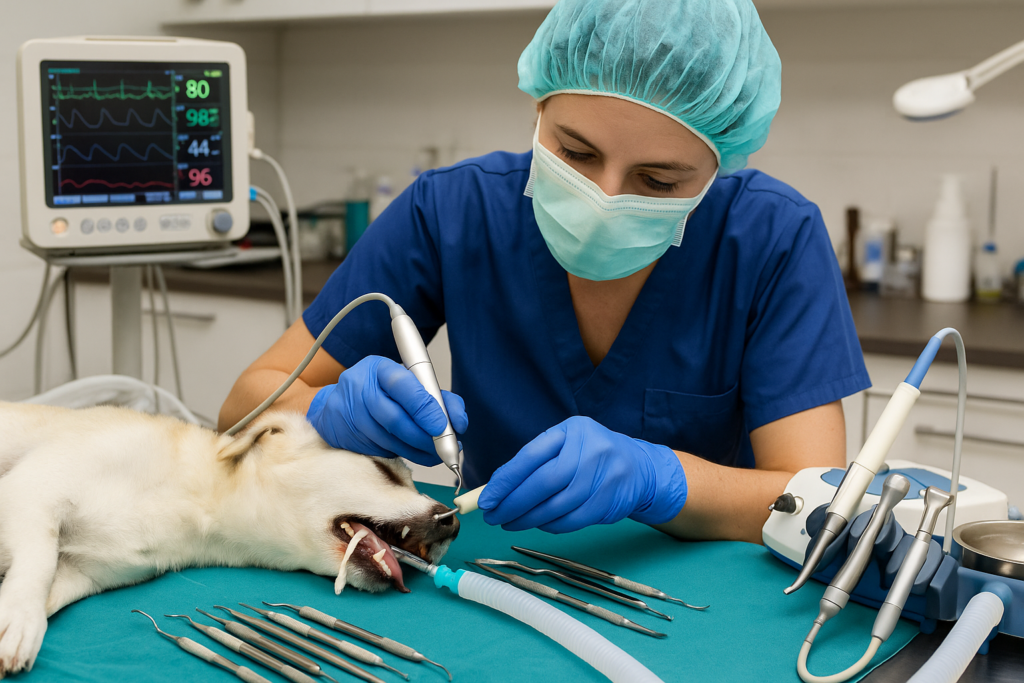 "Vet performing a COHAT for thorough dog dental care"