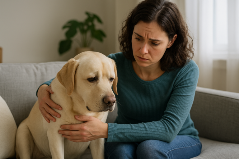 Pet owner comforting dog vomiting on couch