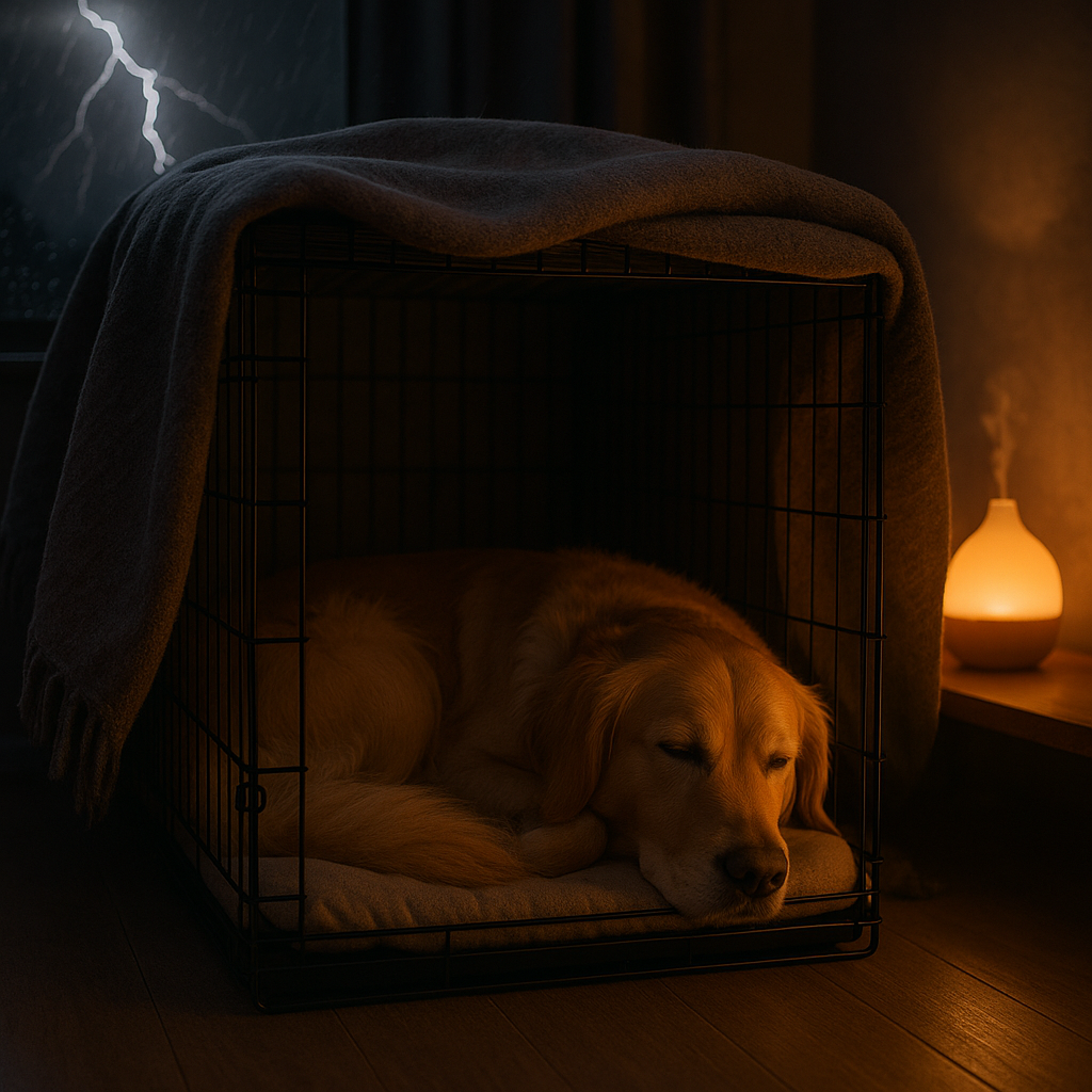  Golden retriever resting in a crate during storm—natural setup to ease thunder anxiety in dogs