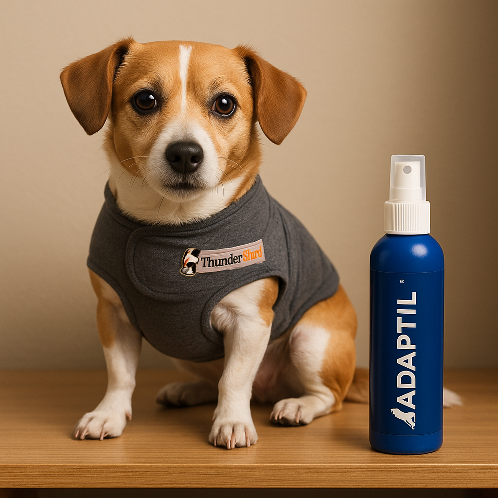  ThunderShirt and Adaptil used to calm thunder anxiety in dogs