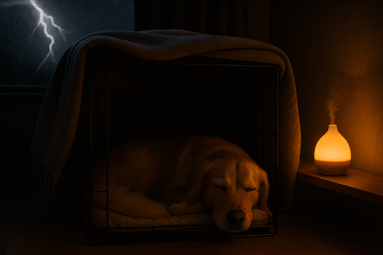 Golden retriever resting in a crate during storm—natural setup to ease thunder anxiety in dogs