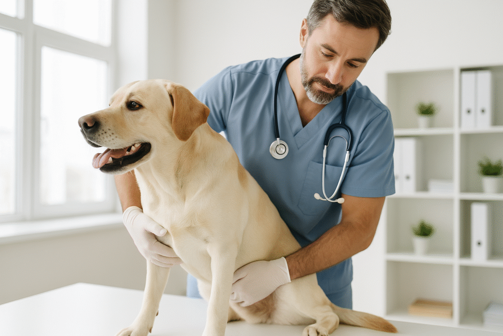 Vet checking Labrador’s joints to decide when to neuter a dog