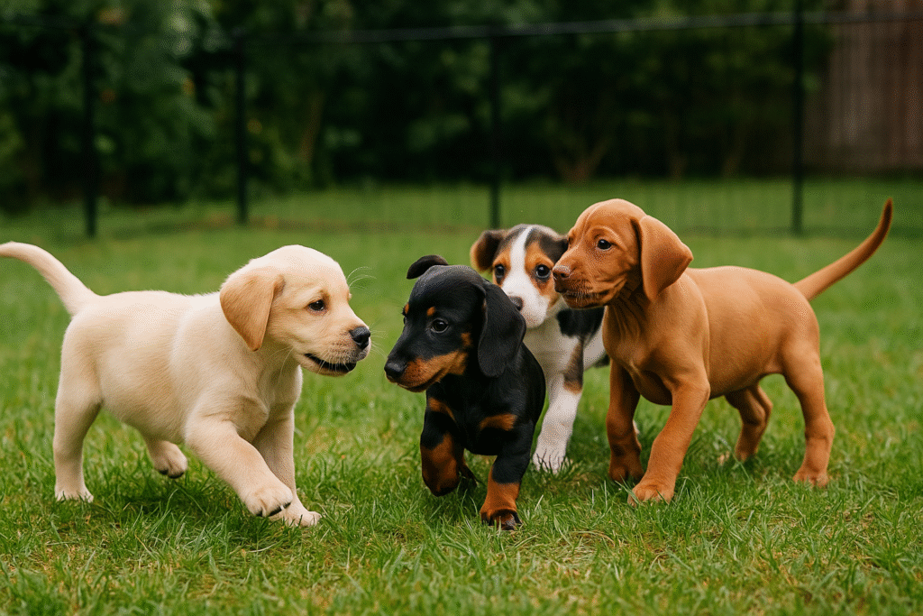 Mixed breed puppies illustrating differences in when to neuter a dog