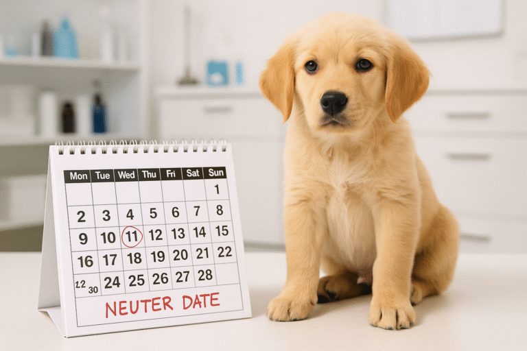 Golden retriever puppy with calendar showing when to neuter a dog in a veterinary clinic