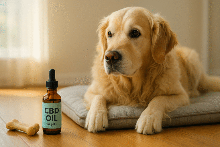 golden retriever with CBD for dogs product and chew toy