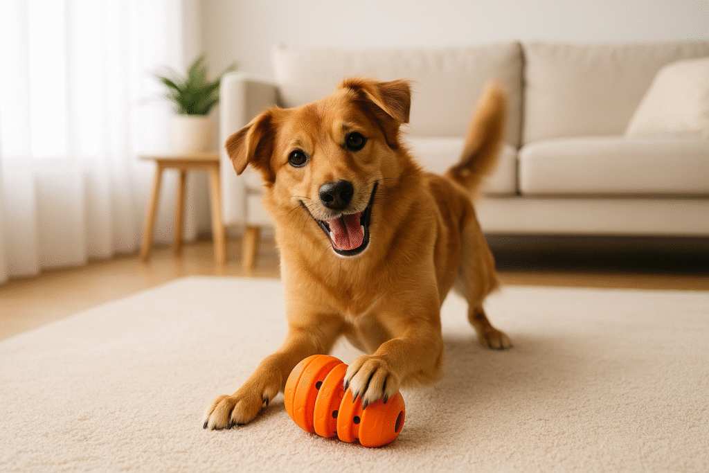 Happy dog playing with toy to reduce dog boredom indoors.
