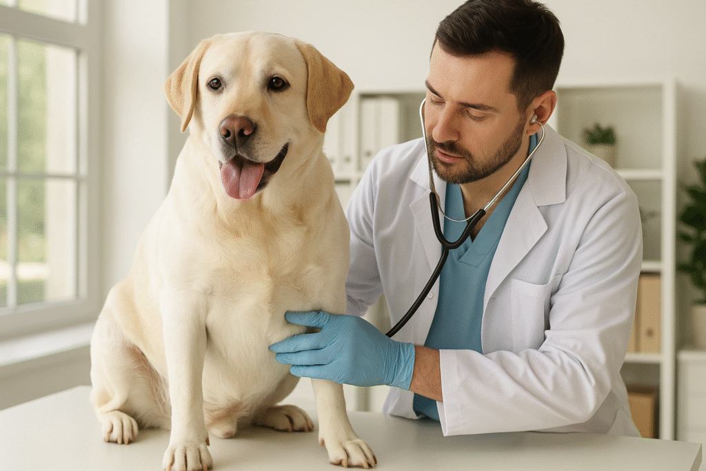 Vet checking Labrador for dog boredom-related weight gain.
