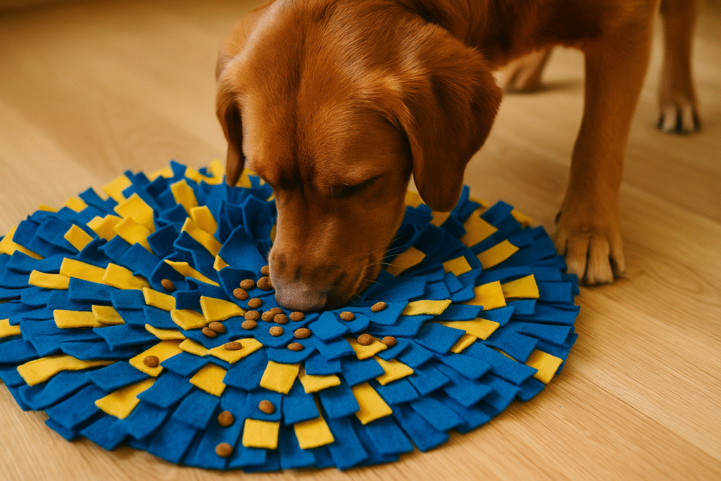 Dog using a snuffle mat to relieve dog boredom.