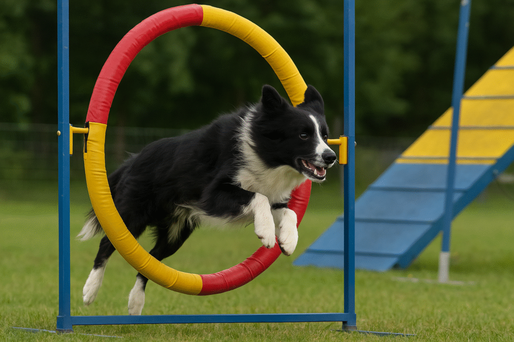 Border Collie doing agility to prevent dog boredom.