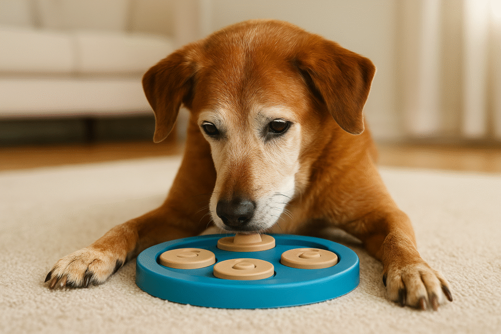 Senior dog playing with puzzle toy to fight dog boredom.