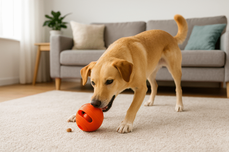 Happy dog playing with toy to reduce dog boredom indoors.