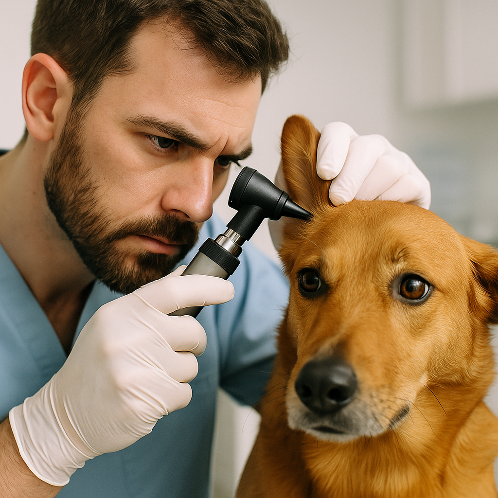 "Veterinarian diagnosing dog yeast infections during an ear exam"