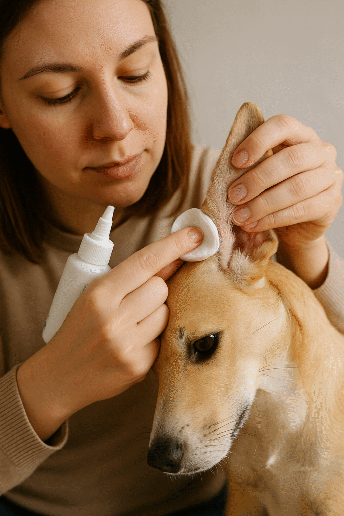 "Preventing dog yeast infections with regular ear cleaning at home"
