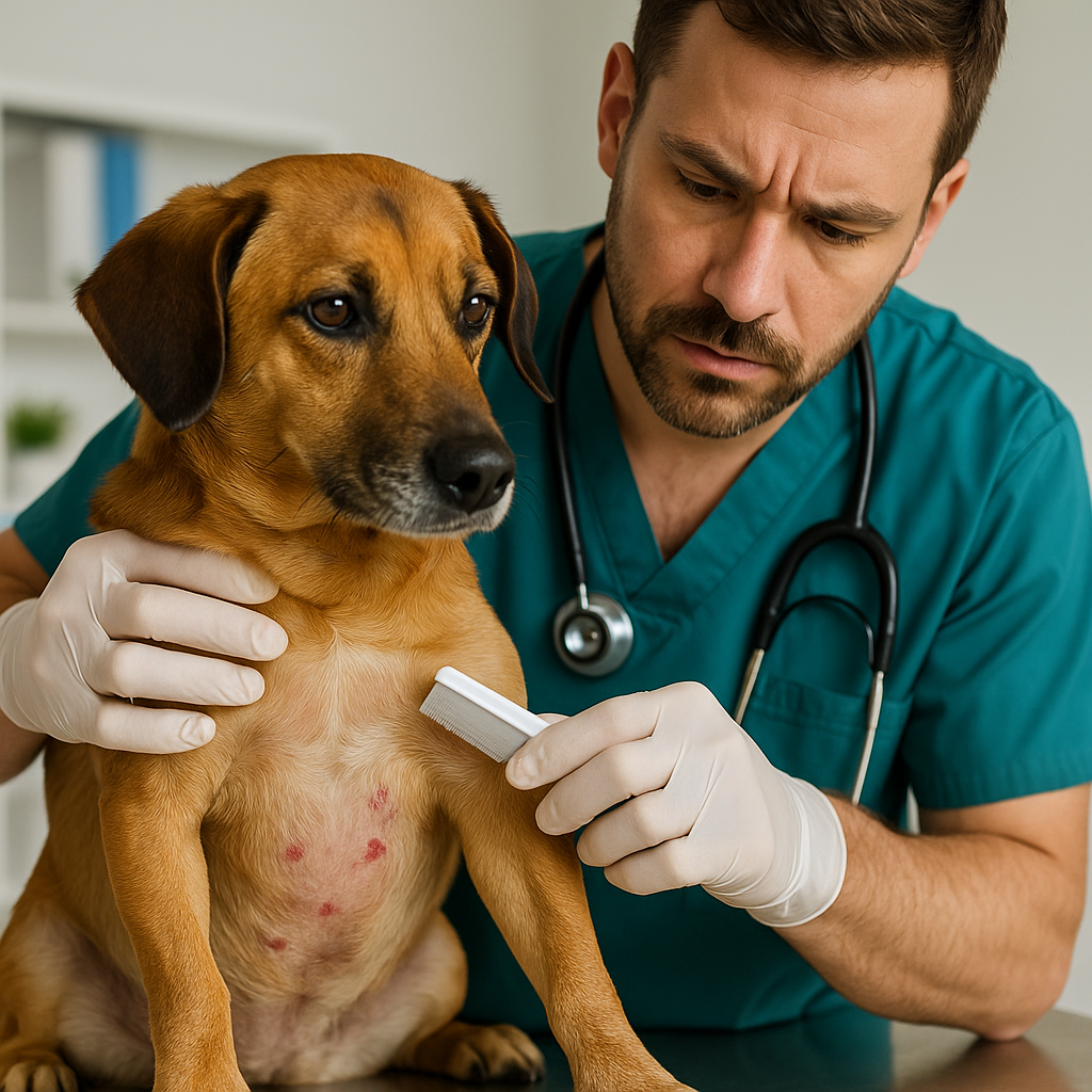 "Vet checking dog skin for flea allergy dermatitis signs"