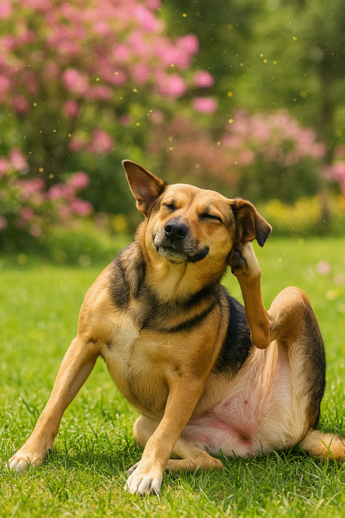 "Dog showing signs of seasonal allergies in dogs with itching and redness during springtime"