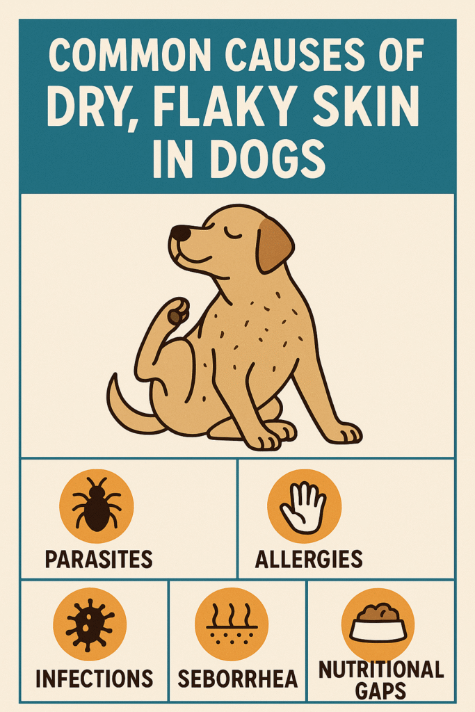 "Causes of dog dry flaky skin including parasites and allergies"