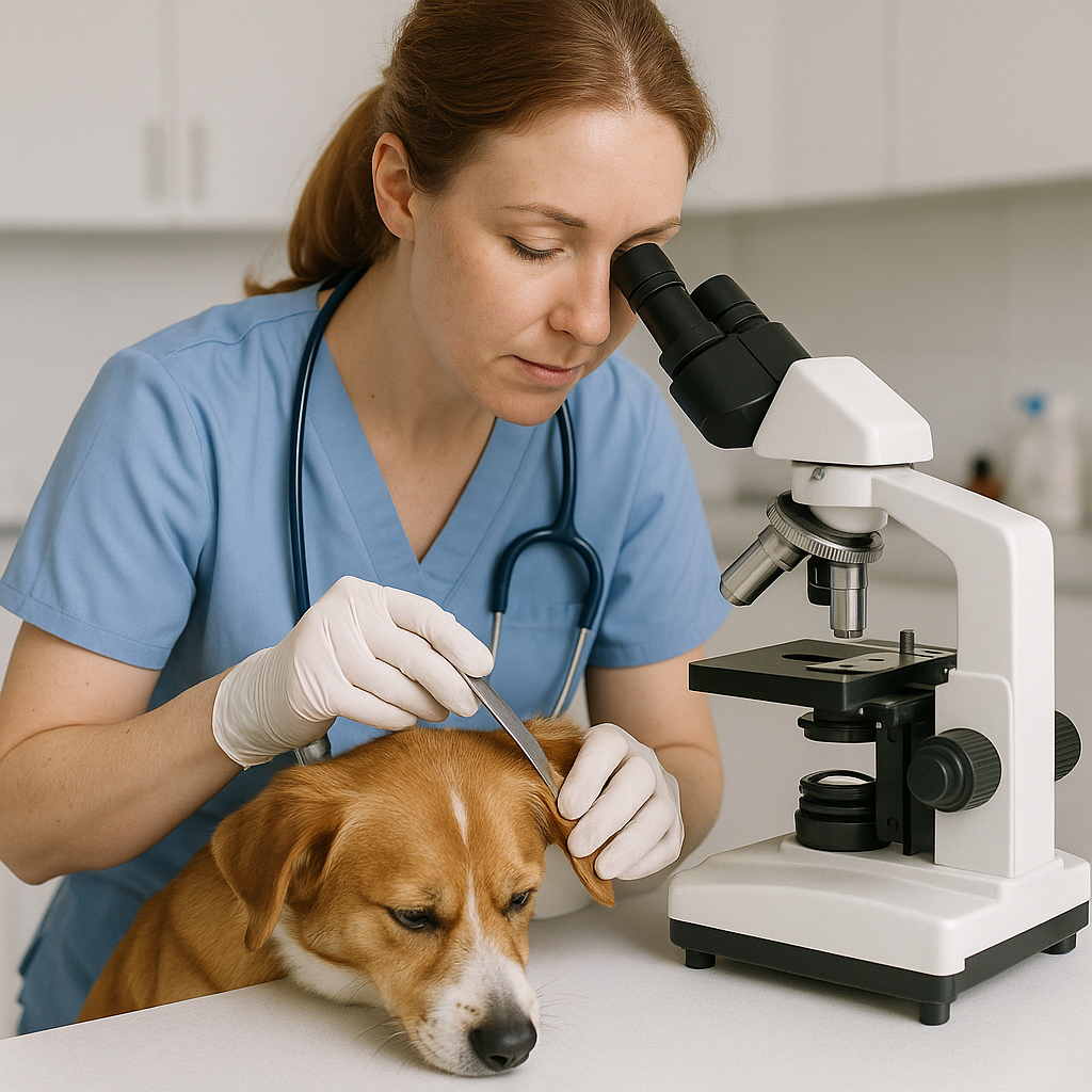"Vet diagnosing dog dry flaky skin using skin scraping"