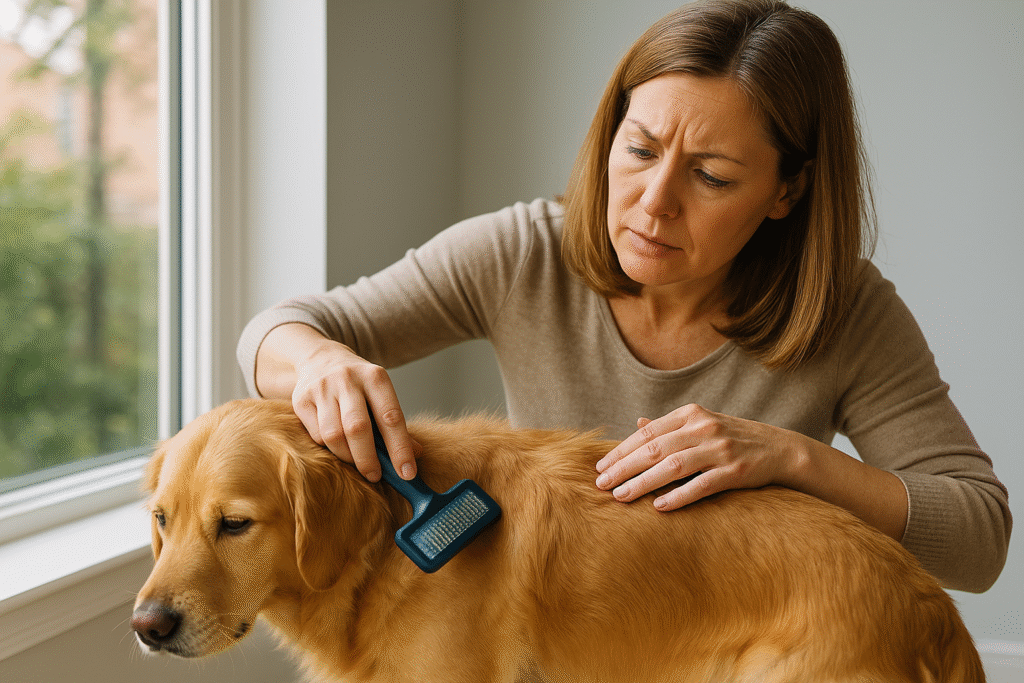 Dog owner checking for signs of dog dry flaky skin at home