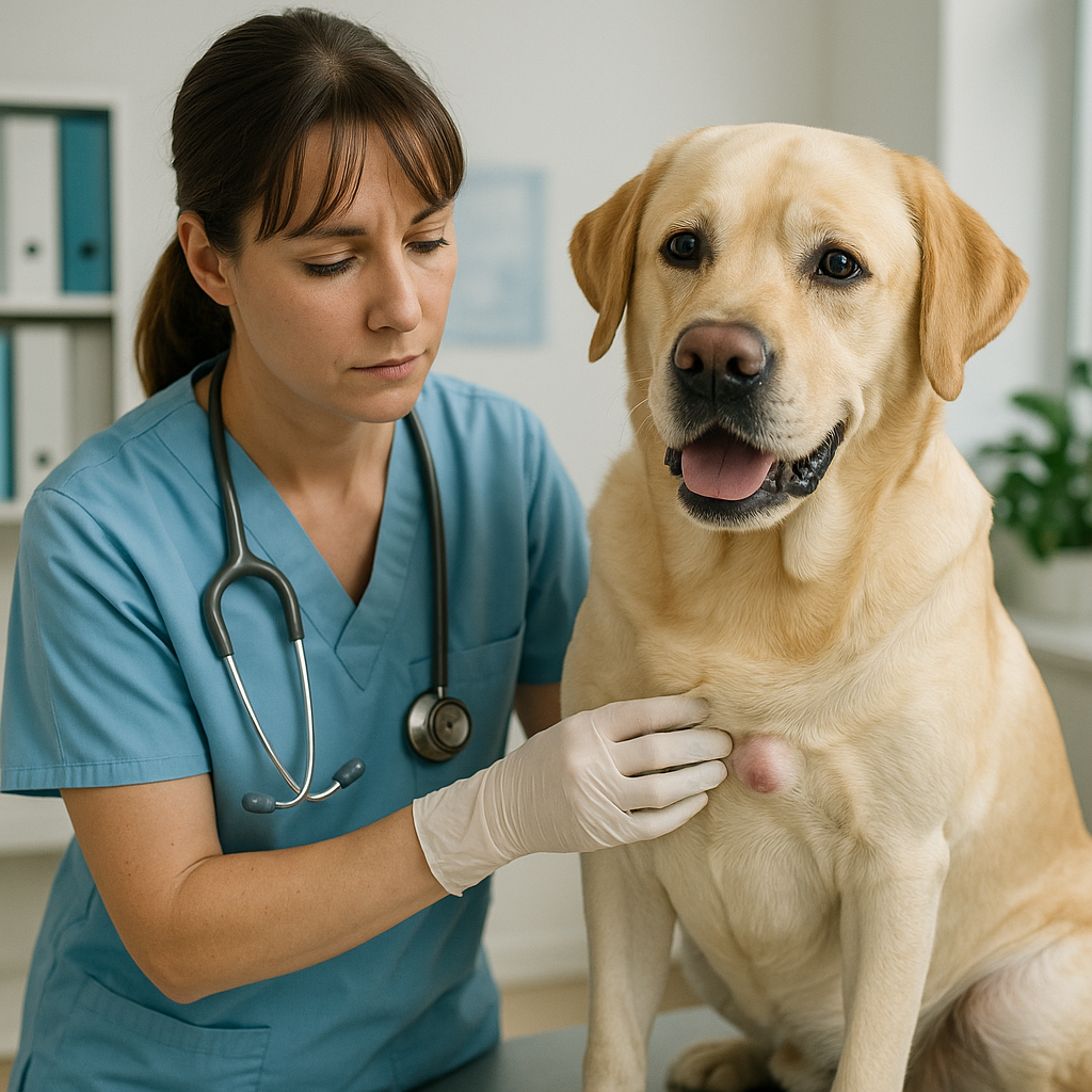"Veterinarian examining a dog with a visible skin tumor"