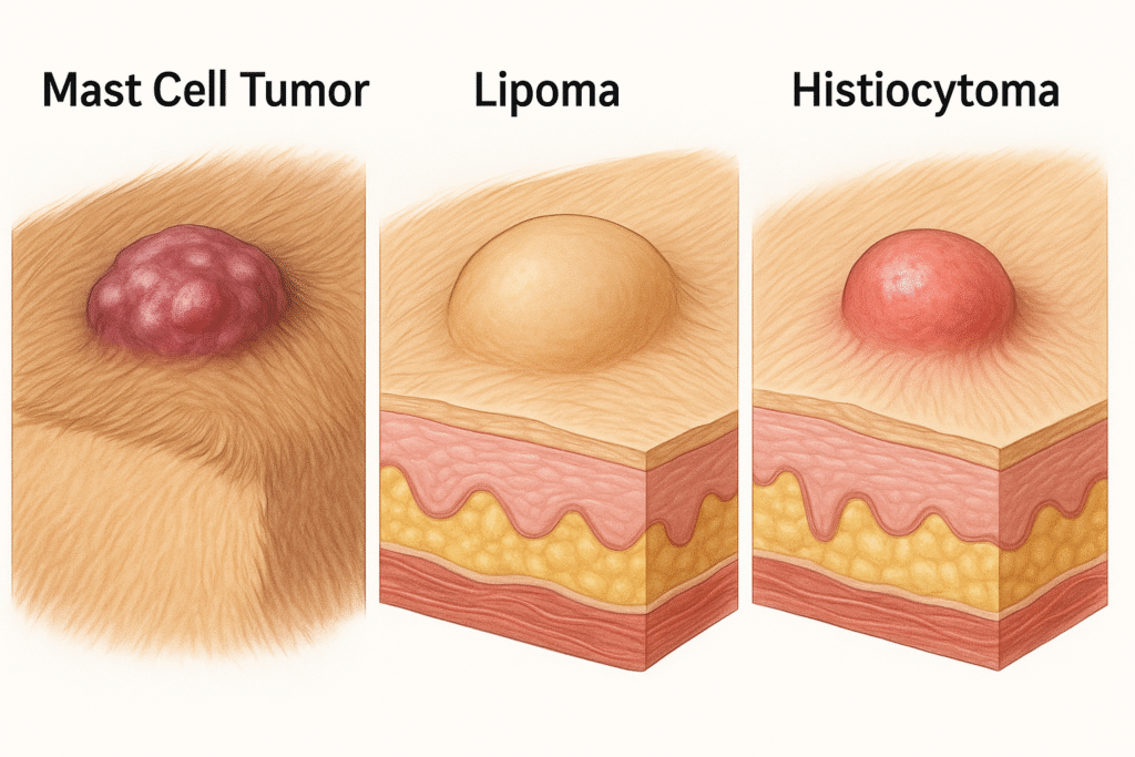 "Common types of skin tumors in dogs: mast cell tumor, lipoma, histiocytoma"