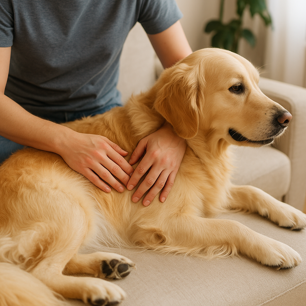 "Dog owner checking their dog for skin tumors during grooming"