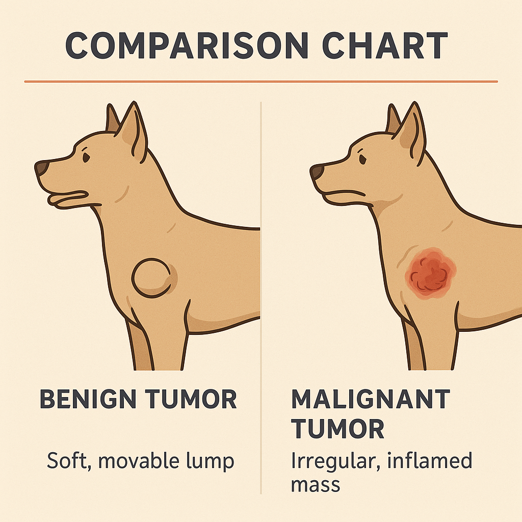 "Diagram comparing benign and malignant skin tumors in dogs"