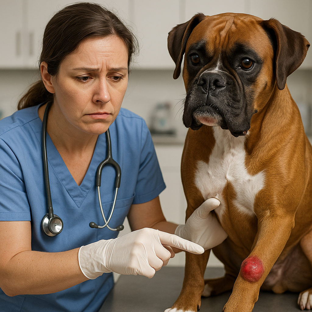 "Mast cell tumor being examined on a dog at the vet"