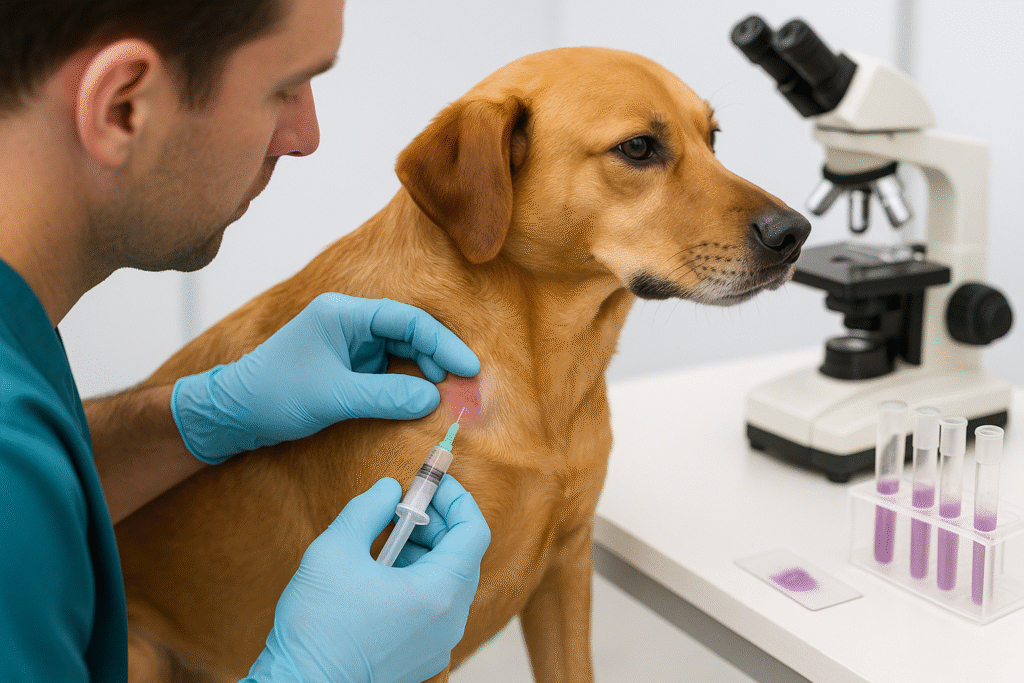 "Vet performing fine needle aspiration to diagnose skin tumor in dog"