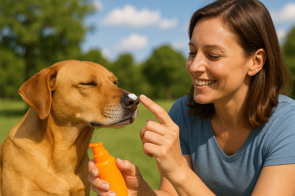 "Dog owner applying sun protection to prevent skin tumors"