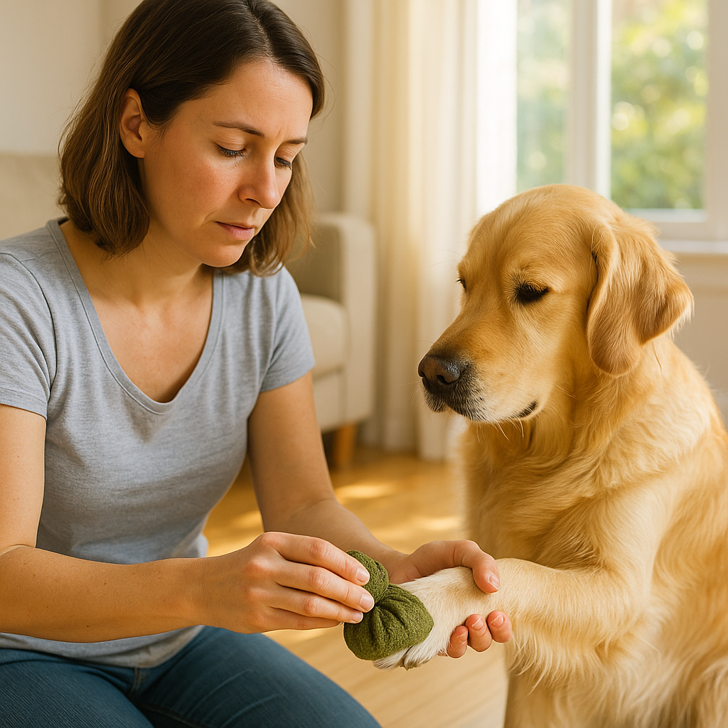 "dog owner using natural remedies for dog skin allergies at home"