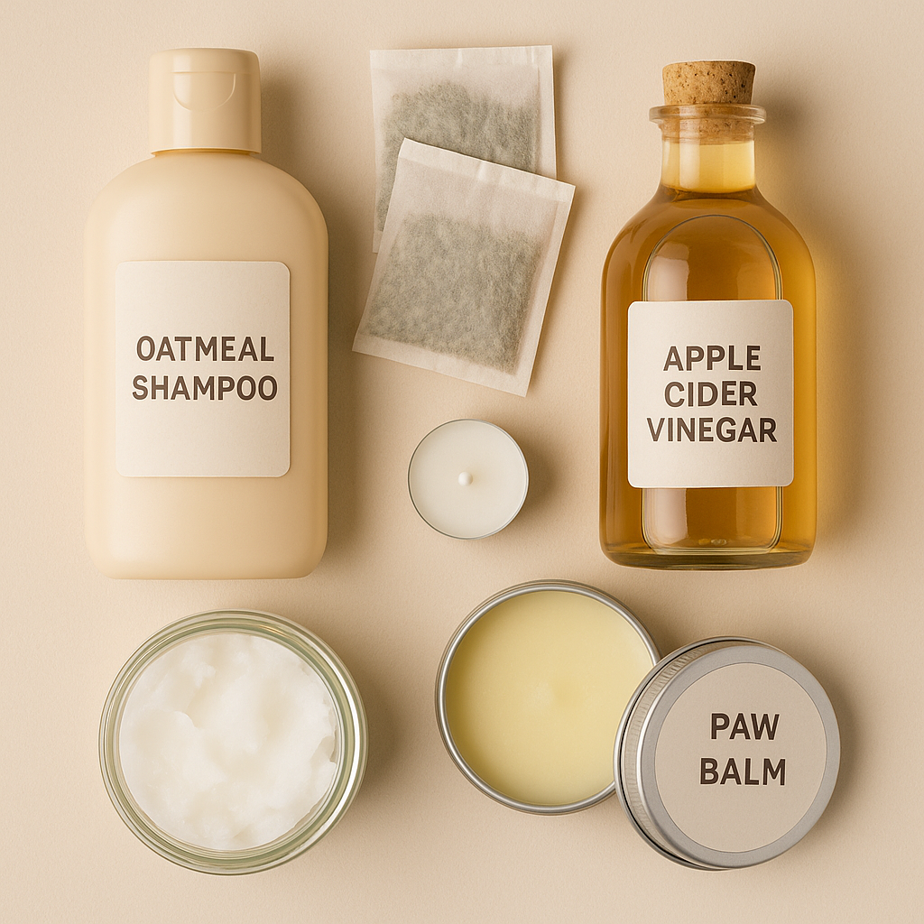 "toolkit of natural remedies for dog skin allergies on table"