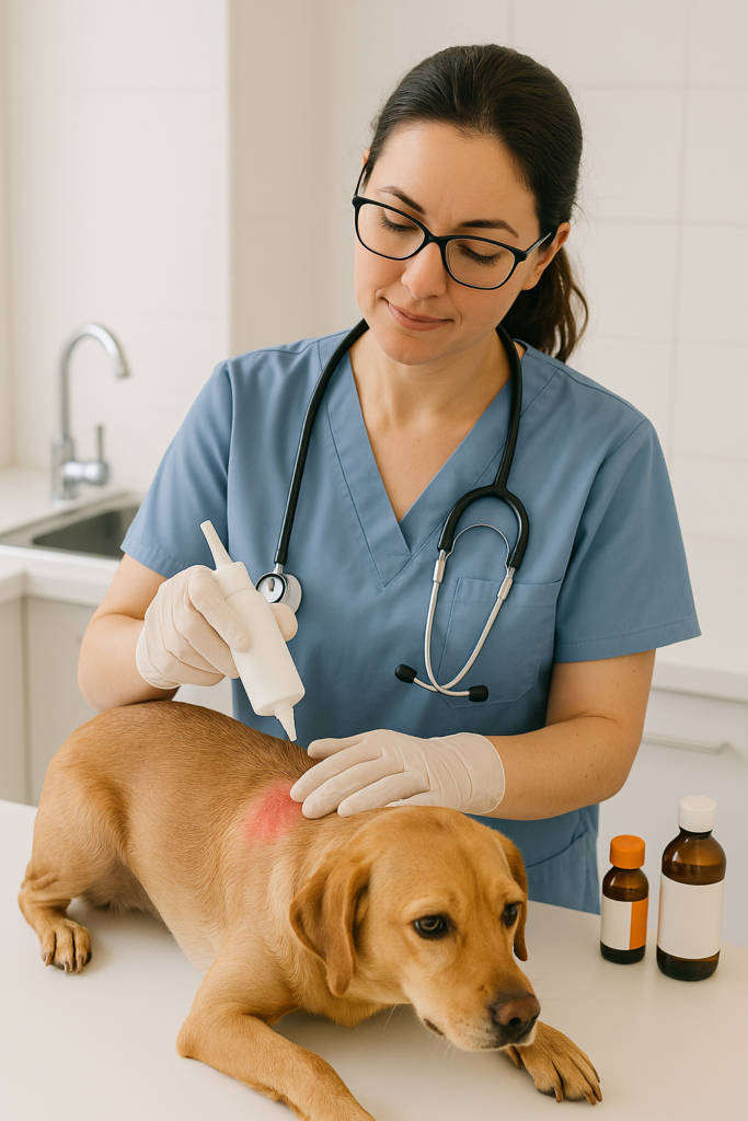 "Vet treating dog skin conditions with topical ointment"