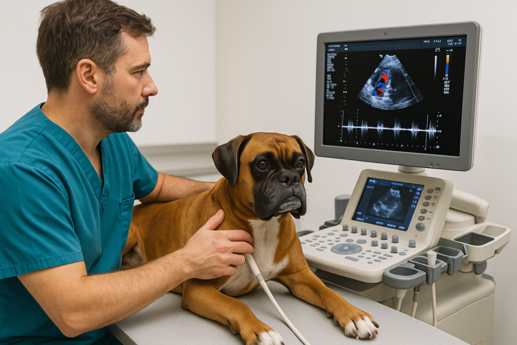 Vet performing echocardiogram to diagnose canine heart murmurs in large breed dog

