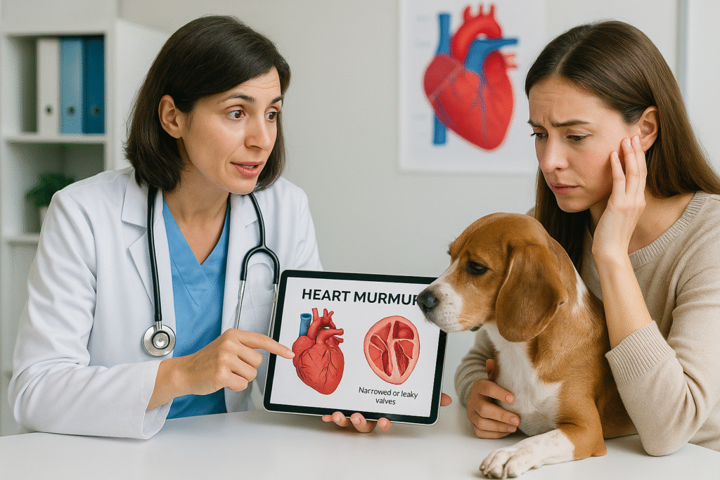 Anatomical diagram of a dog's heart showing canine heart murmurs and valve defects