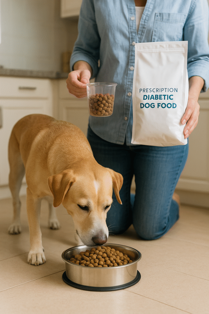"diabetic dog diet strategy – consistent high-fibre meals with measured portions"