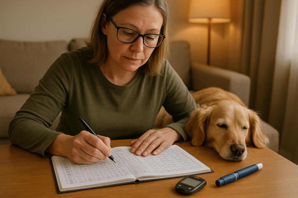 "managing diabetes in dogs at home with daily log and monitoring tools"