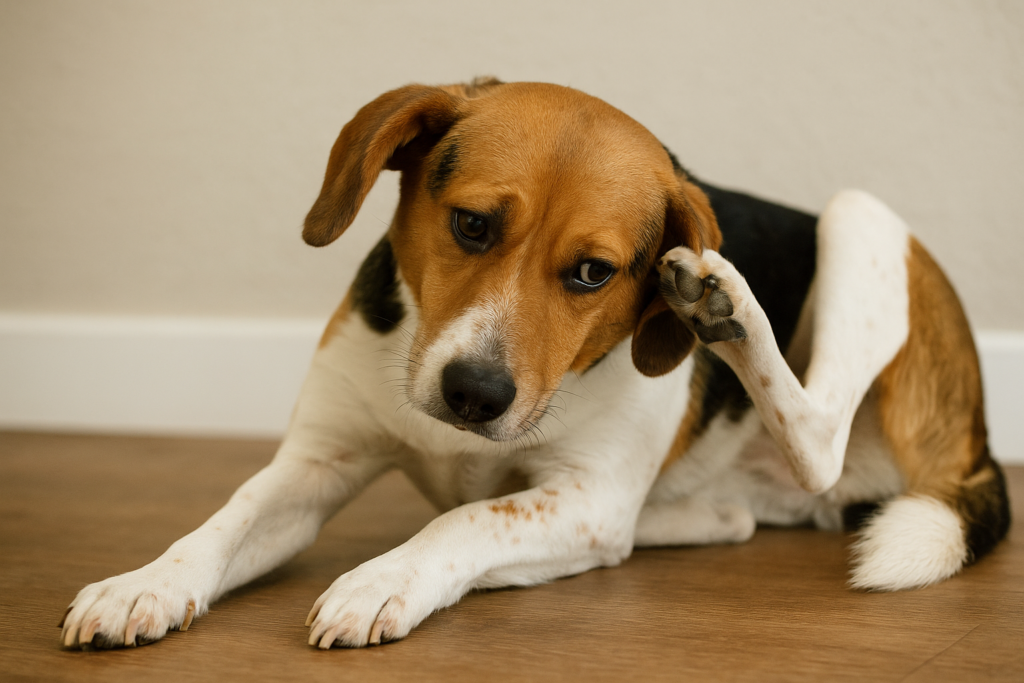 "Dog scratching ear showing symptoms of dog ear infectio"