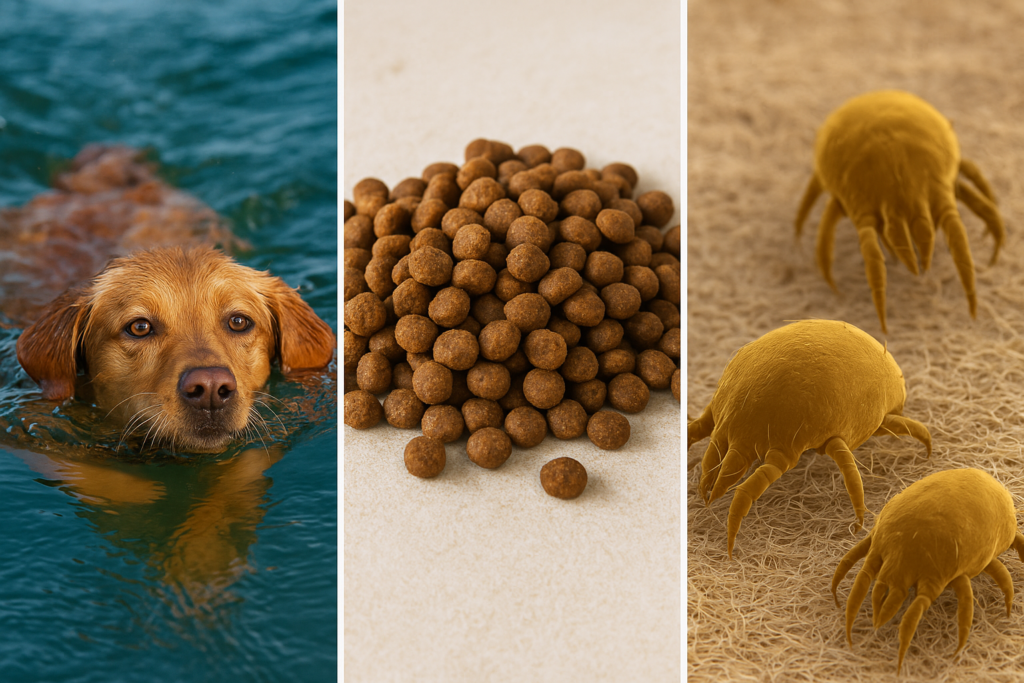 "Common causes of dog ear infections including moisture, food allergies, and ear mites"