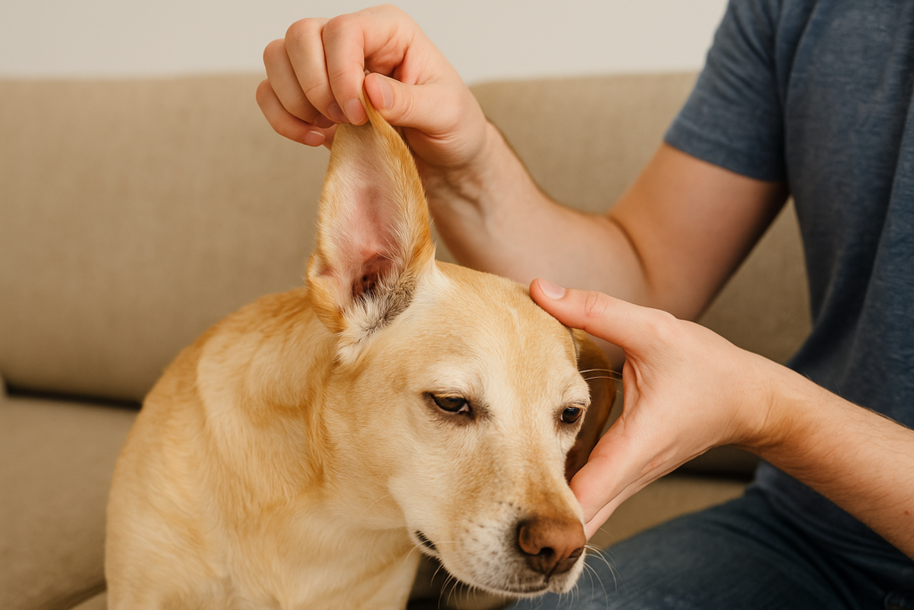 "Dog owner checking for signs of dog ear infection at home"