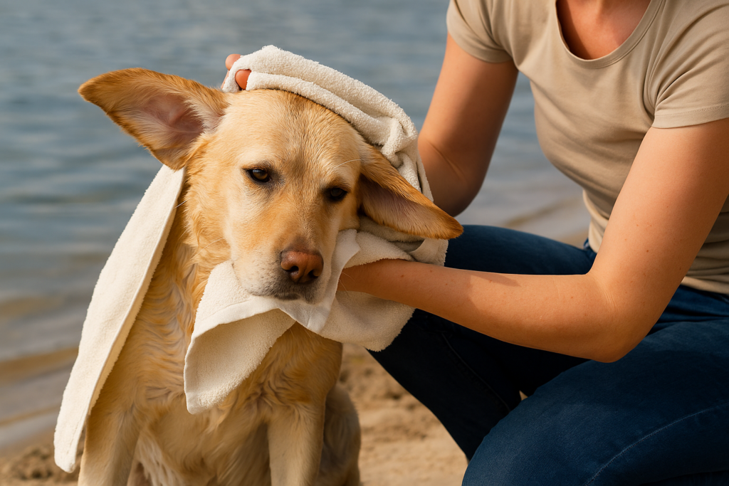 "Preventing dog ear infections by drying ears after swimming"