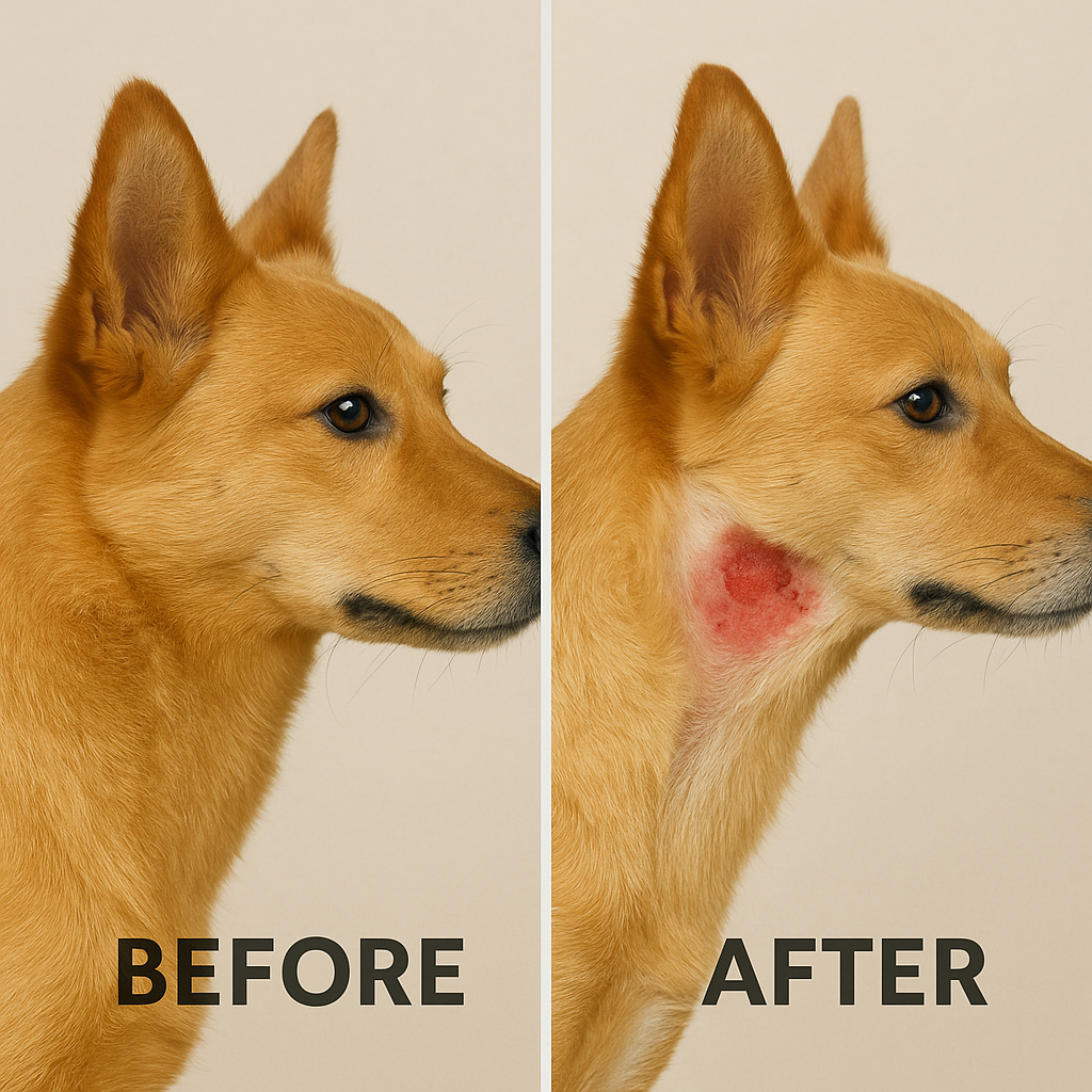 "Red, inflamed skin lesion showing hot spots on dogs"