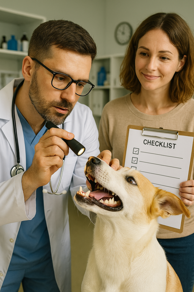 "Veterinarian diagnosing dog bad breath during oral exam"