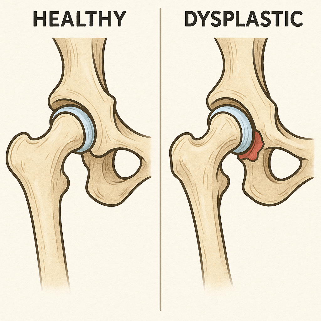 "diagram comparing normal and dysplastic hips in canine hip dysplasia"