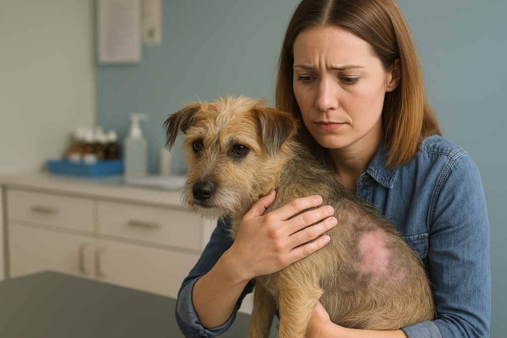 'Vet visit for dog losing hair with visible bald spots"